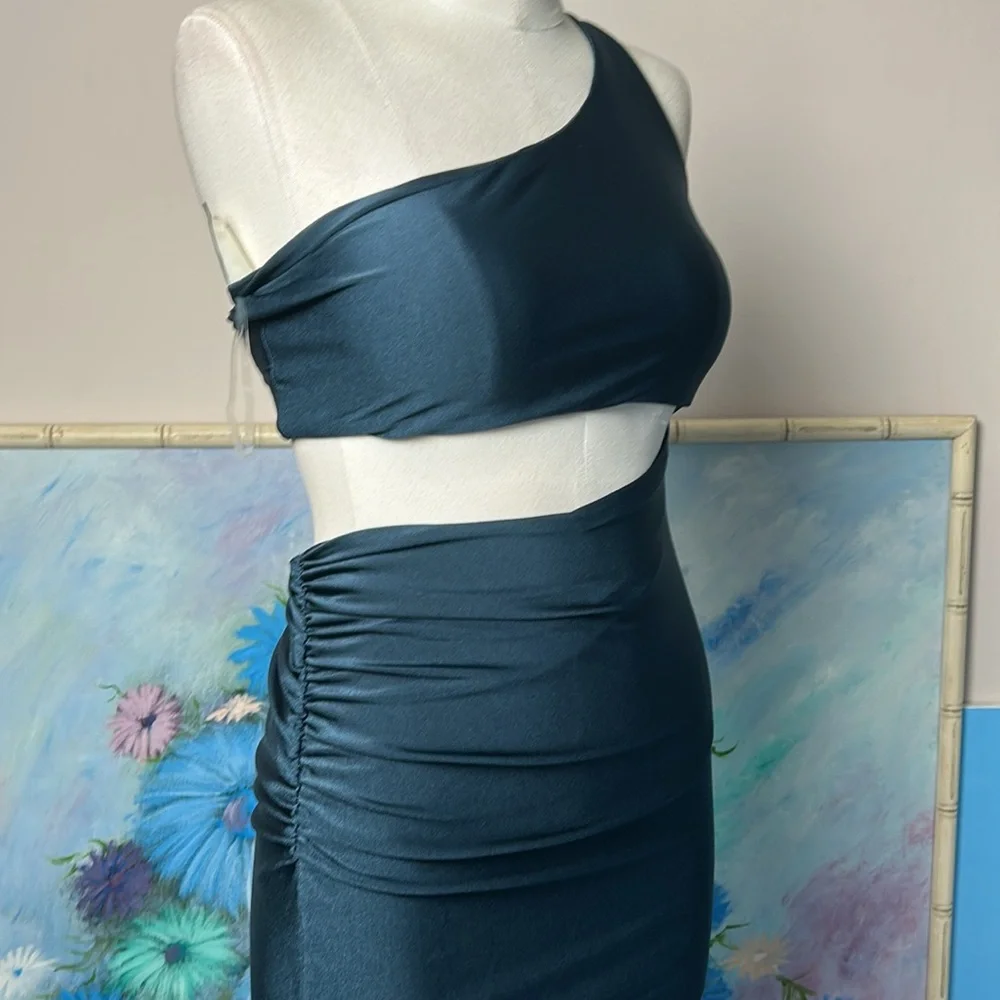 Eugenia Fernandez  One-Shoulder Teal Dress Ruched Side Maxi Open side small - Picture 16 of 17